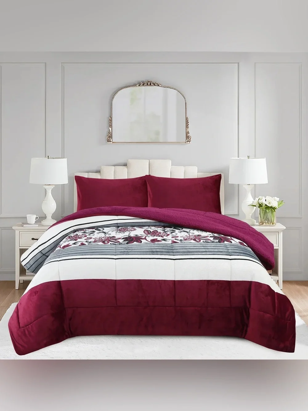3 PIECE PLUSH SHERPA COMFORTER SET – SOFT FLORAL VELVET